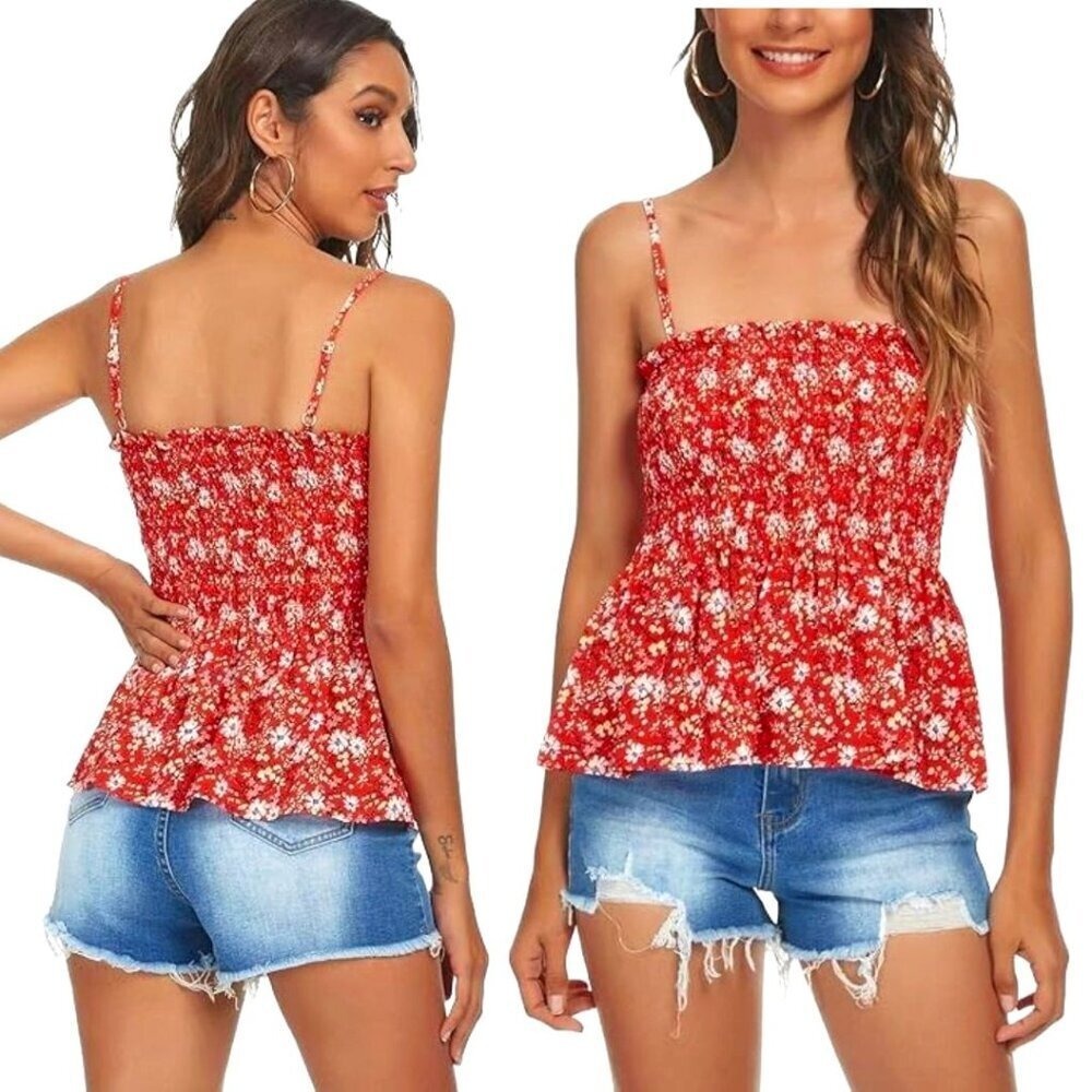 Red Floral‎ Smocked Peplum Camisole Top Spaghetti Strap Square Neck Women XS/S
